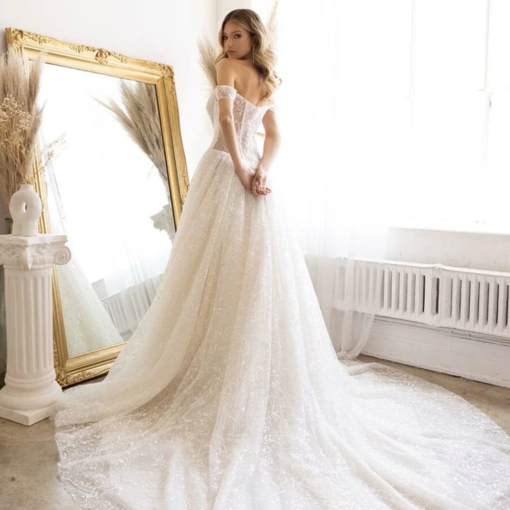 Off-Shoulder Ivory Sparkle Embellished Bridal Gown by Abby Lane Size 4 Gorgeous! - Picture 3 of 12